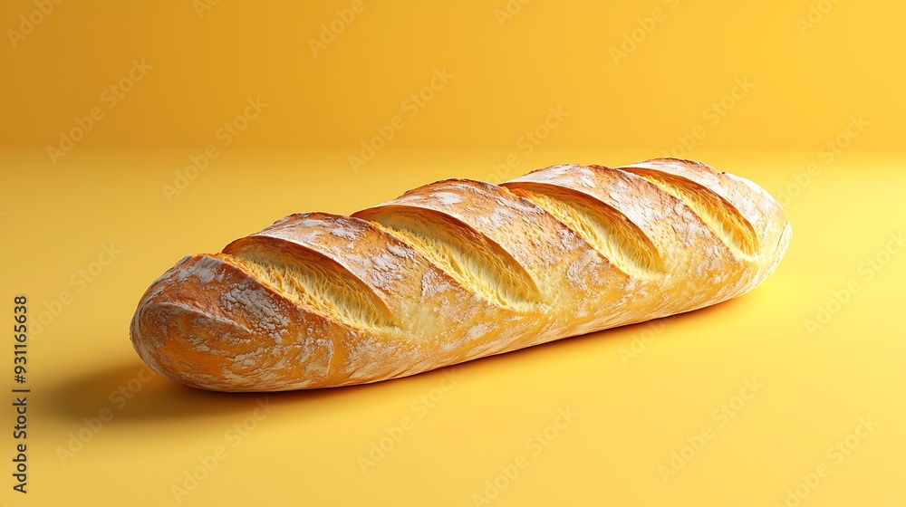 A freshly baked loaf of bread set against a vibrant yellow background. A freshly baked loaf of bread set against a vibrant yellow background.