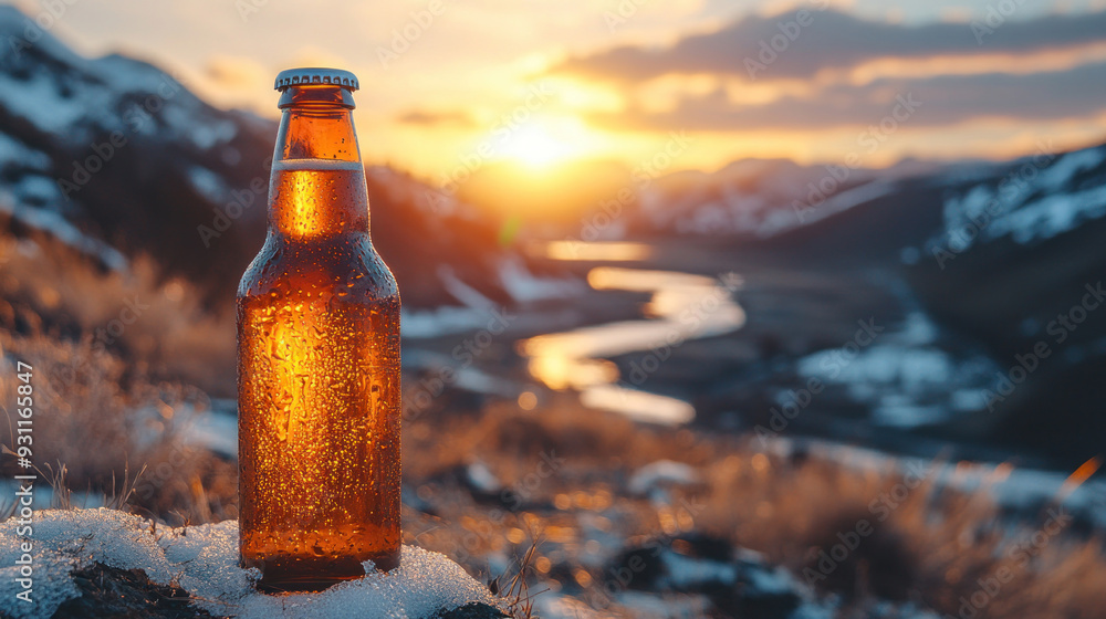 A cold beer bottle in hand, with a stunning mountain vista in the background. A cold beer bottle in hand, with a stunning mountain vista in the background.