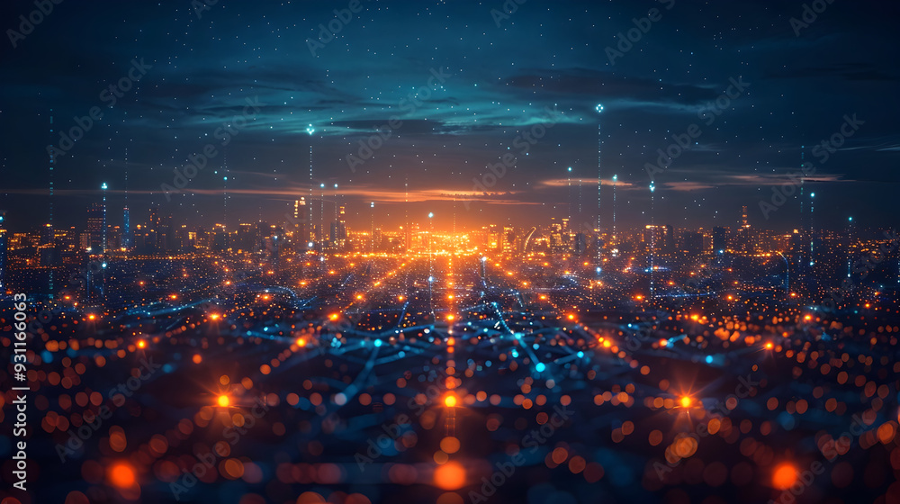 Fototapeta premium Advanced powered Monitoring of Renewable Energy Grids in a Sleek High Tech Cityscape Visualization