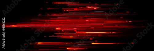 Red speed light horizontal straight line on black background. Realistic vector illustration of abstract neon or laser glow motion effect. Long dynamic flare beam and ray with sparkle in movement.