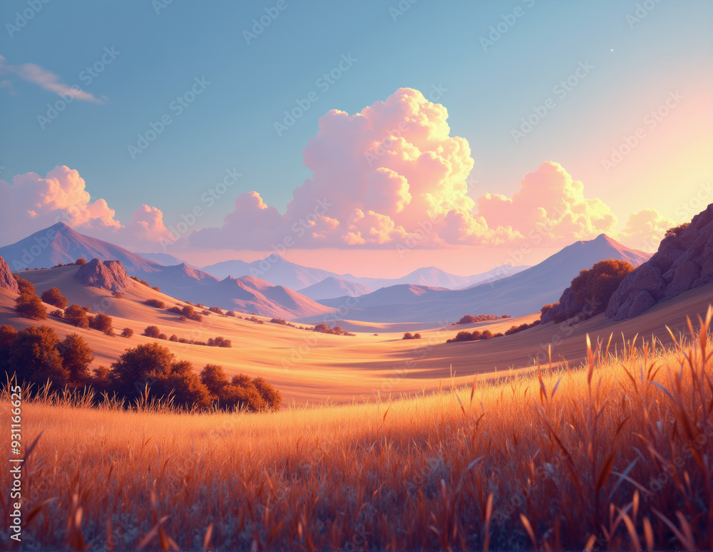 Obraz premium Vast Golden Fields with Rolling Hills at Sunset