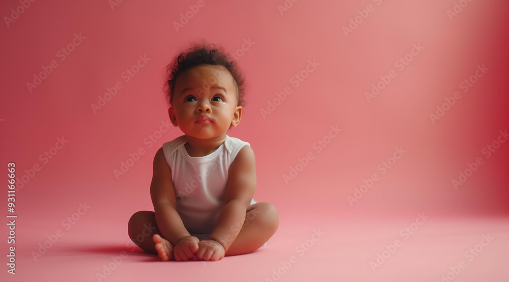 Curly dark girl baby sits on a pink background with space for text, created with Generative AI technology Curly dark girl baby sits on a pink background with space for text, created with Generative AI technology
