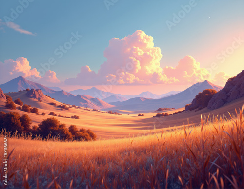 Vast Golden Fields with Rolling Hills at Sunset