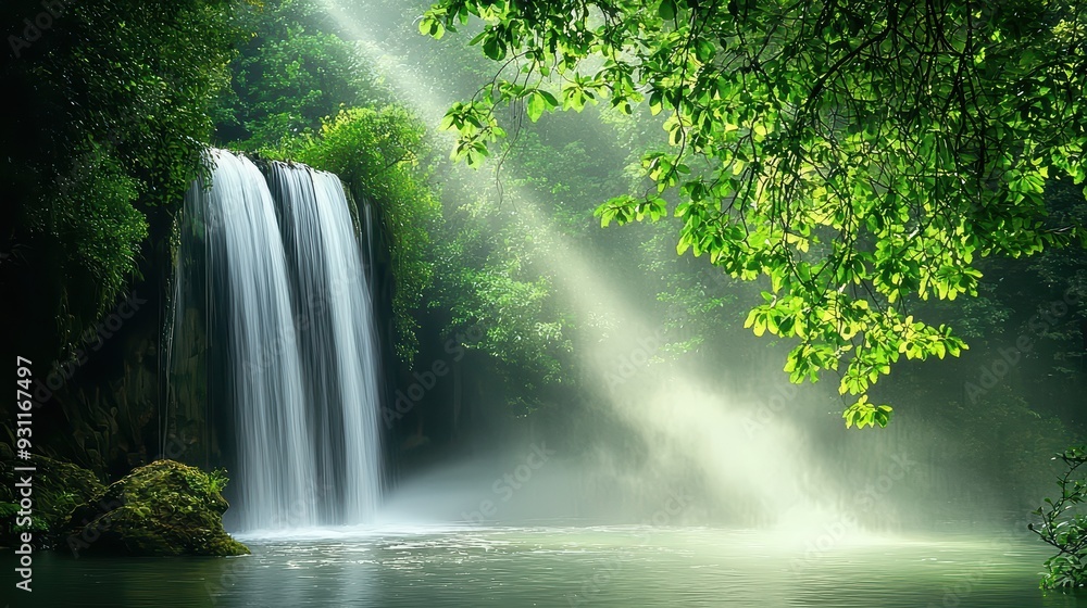 Waterfall in Grenn Forest. A serene waterfall cascading down in a lush green forest. Waterfall in Grenn Forest. A serene waterfall cascading down in a lush green forest.
