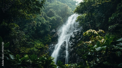 Wallpaper Mural Waterfall in Grenn Forest. A serene waterfall cascading down in a lush green forest. Torontodigital.ca