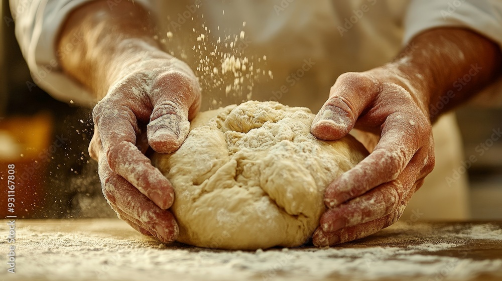 Fototapeta premium Baker Kneading Dough on Flour-Dusted Surface