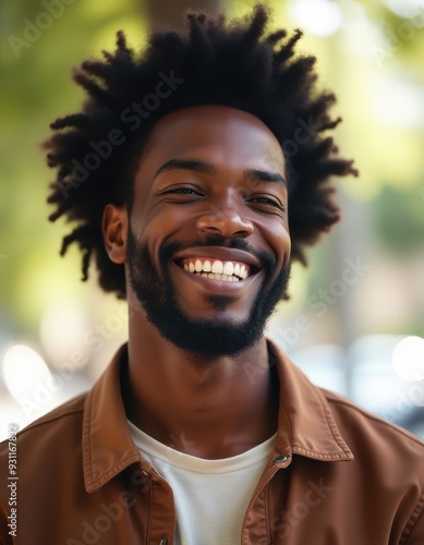 Wallpaper Mural Smiling young African American man with curly hair enjoying a sunny day. Torontodigital.ca