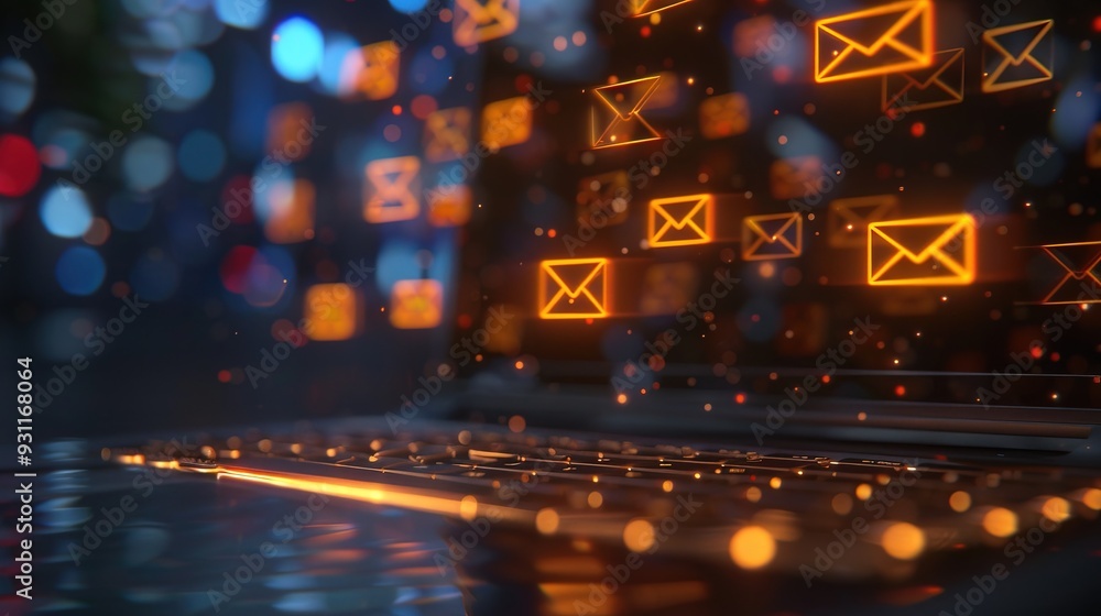 Naklejka premium Floating email icons above a laptop keyboard, glowing with connectivity 