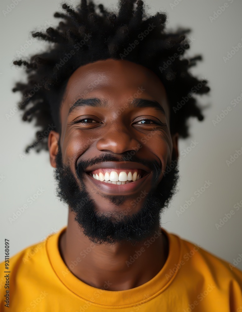 Smiling African American man with an afro hairstyle wearing a yellow shirt on a neutral background. Smiling African American man with an afro hairstyle wearing a yellow shirt on a neutral background.