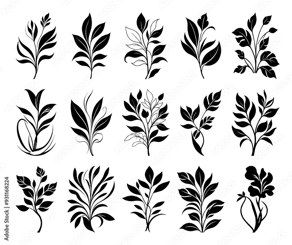 Black and white botanical pattern. For use in graphics, materials. Abstract plant shapes. Minimalist illustration for printing on wall decorations. Black and white botanical pattern. For use in graphics, materials. Abstract plant shapes. Minimalist illustration for printing on wall decorations.