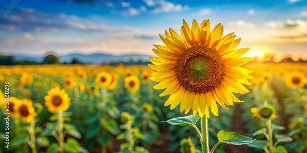 Vibrant sunflower standing tall in a picturesque field, nature, yellow, bright, bloom, petals, agriculture, summer, sunny, beauty Vibrant sunflower standing tall in a picturesque field, nature, yellow, bright, bloom, petals, agriculture, summer, sunny, beauty