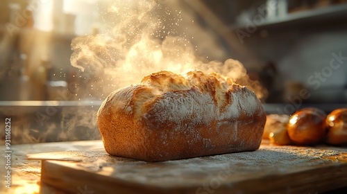 A freshly baked loaf of bread with steam illuminated by soft, warm light. photo