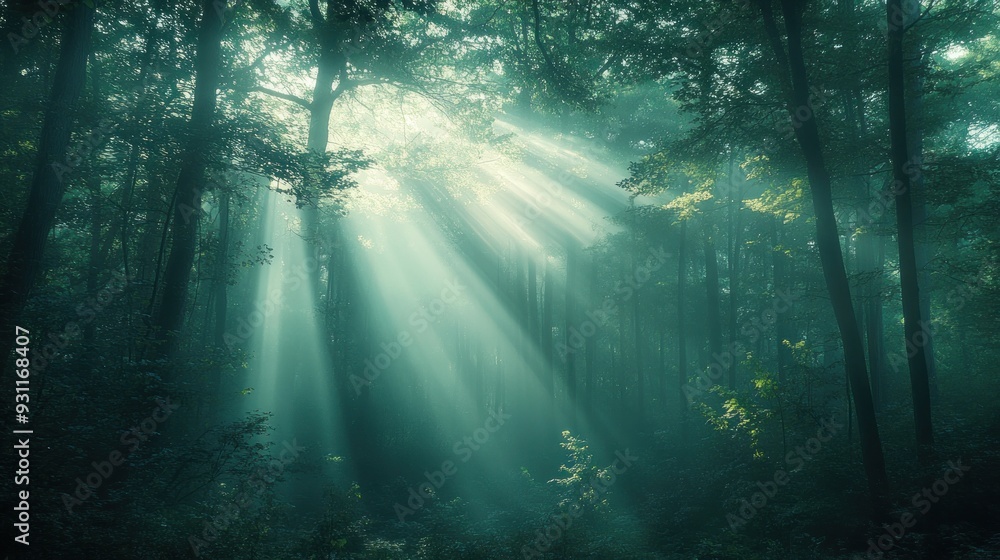 Obraz premium Sunlight Beams Through Misty Forest