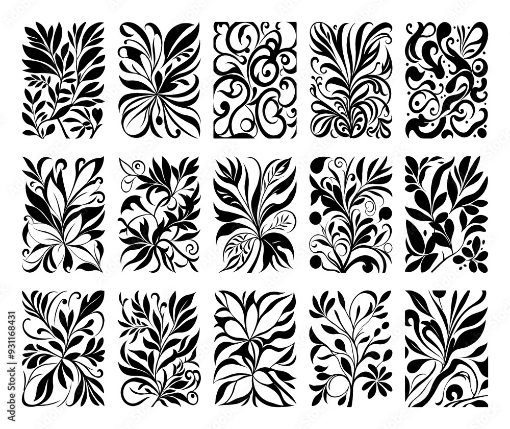 Black and white botanical pattern. For use in graphics, materials. Abstract plant shapes. Minimalist illustration for printing on wall decorations. Black and white botanical pattern. For use in graphics, materials. Abstract plant shapes. Minimalist illustration for printing on wall decorations.
