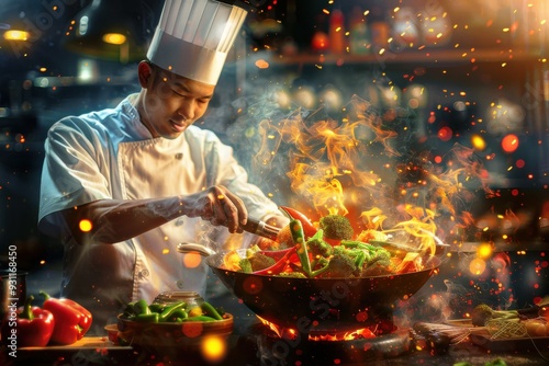 Chef cooking with fire in the wok.