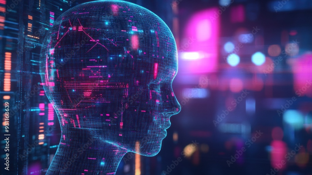 Digital Human Head Constructed of Blue and Pink Light Particles Digital Human Head Constructed of Blue and Pink Light Particles