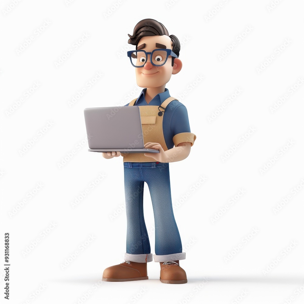 Cartoon Man Using Laptop.