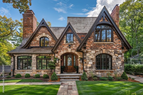 Charming Brick and Stone House with Green Lawn.