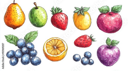 Children's drawing style fruit pattern,Drawings with crayon,Various fruits by crayon color,Painting like a child,Strawberry,orange,grape,Recreation and painting,Doodle drawing by hand.