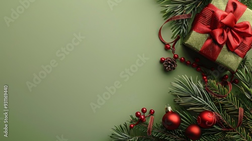 Wallpaper Mural festive christmas embellishments featuring shimmering red balls, pine branches, and cones. Torontodigital.ca