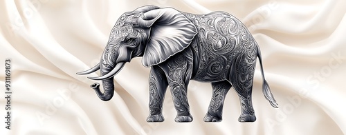 A detailed line drawing of an elephant in a traditional, ornate style, against a fabric-textured background, tilt perspective, more clarity with clear light and sharp focus, high detailed
