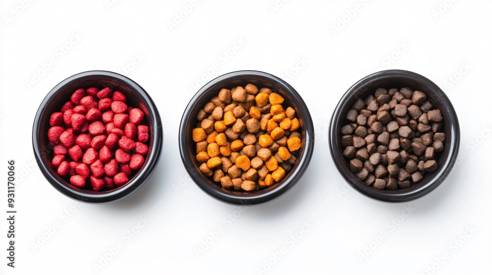 Fresh Wet Pet Food in Feeding Bowls Isolated on White Top View Fresh Wet Pet Food in Feeding Bowls Isolated on White Top View