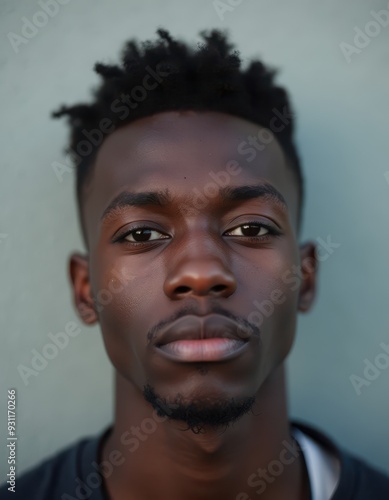 Close-up portrait of a young African man with short hair and a serious expression.