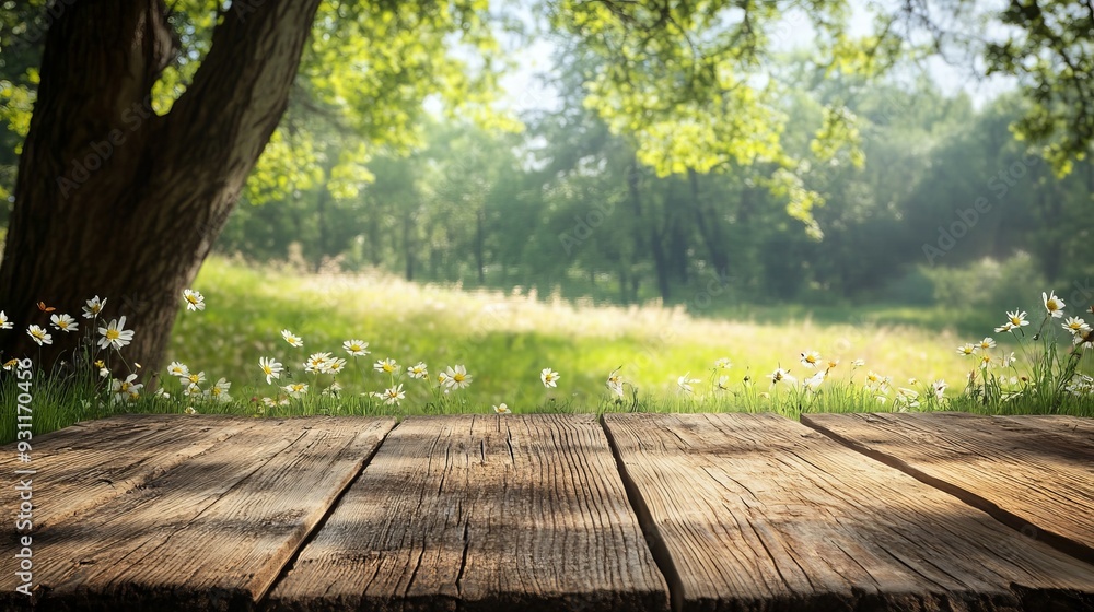 Wooden table top with nature background Wooden table top with nature background