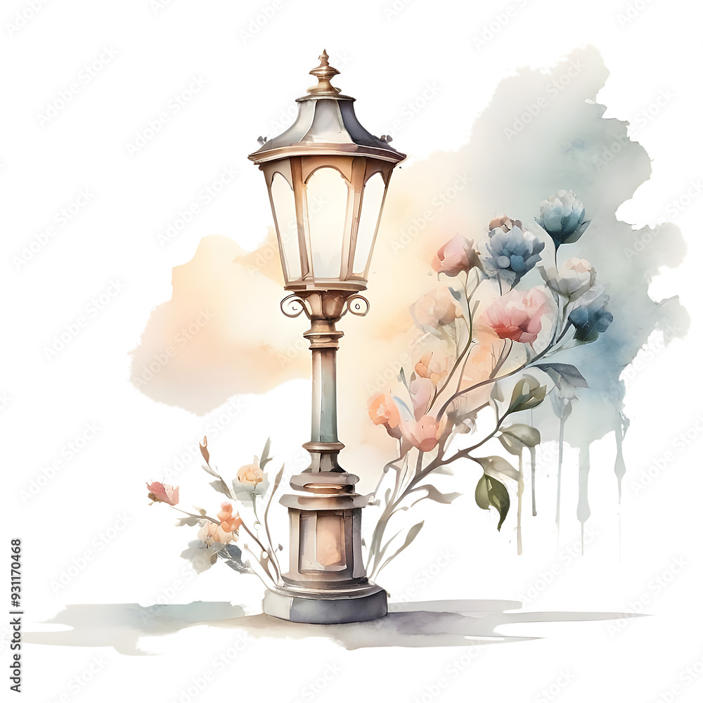 Watercolor street lamp with flowers. Hand drawn illustration boho style. Watercolor street lamp with flowers. Hand drawn illustration boho style.