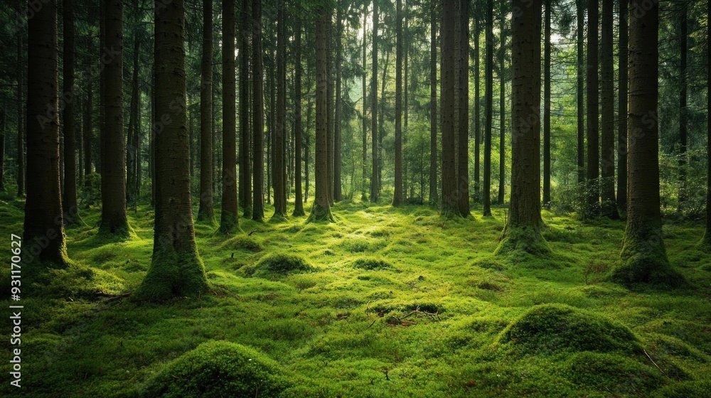 Fototapeta premium Sunlight Filtering Through a Lush Green Forest
