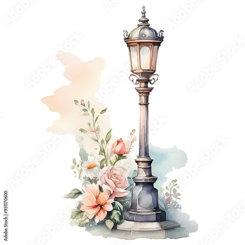 Watercolor street lamp with flowers. Hand drawn illustration boho style. photo