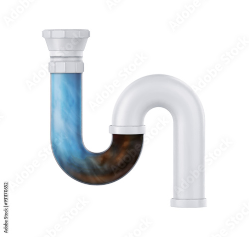 Clog and water in plastic sink drain pipe. Bathroom and toilet plumbing tube blocked with drainage. Realistic 3d vector cleaning with detergent and dissolve dirt and waste in domestic pipeline.