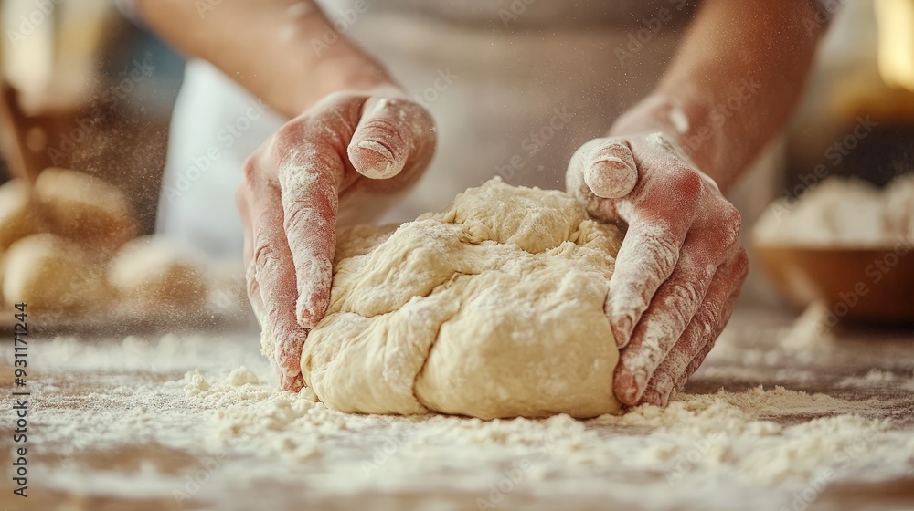 Baker Kneading Dough on Flour-Dusted Surface Baker Kneading Dough on Flour-Dusted Surface