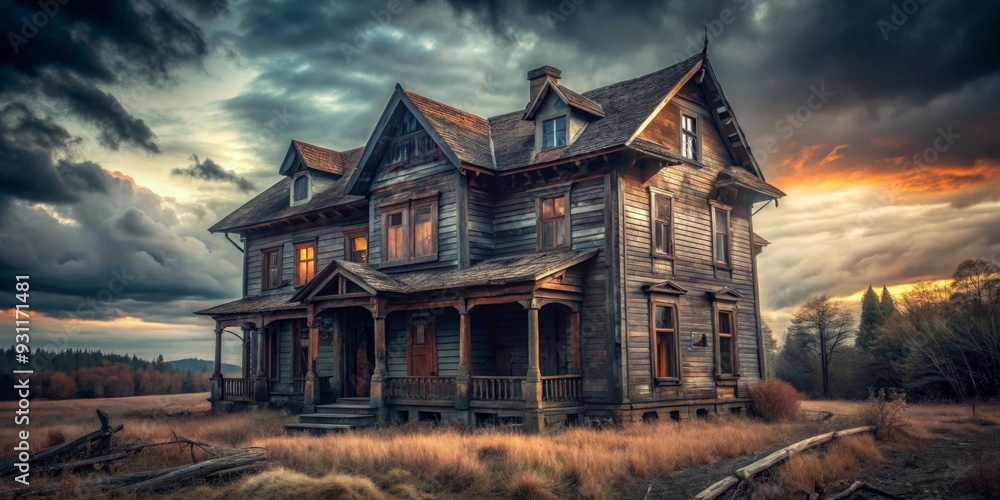 Obraz premium Spooky abandoned house with old wooden structure and eerie atmosphere, perfect for horror themes or haunted settings, haunted