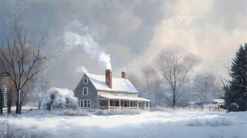 Serene Winter Farmhouse Nestled in Snowy Landscape with Cozy Chimney Smoke