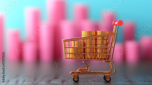 A shopping cart filled with golden coins, representing commerce and financial growth against a colorful background. photo