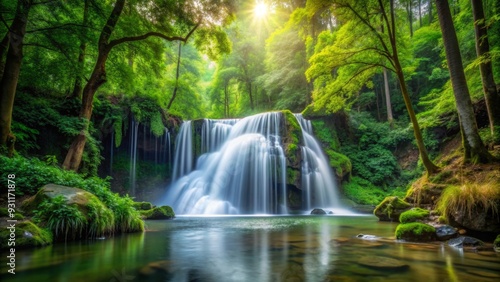 Serene forest waterfall with lush trees and flowing water, waterfall, serene, forest, trees, lush, nature, peaceful