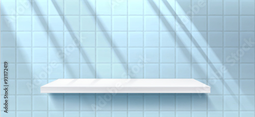 White shelf on blue tile wall with shadow from window. Realistic 3d vector illustration of bathroom or kitchen interior with product podium. Display platform or showcase pedestal with ceramic plate.