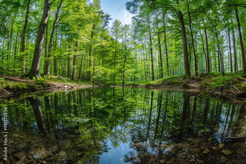 Lush green trees surround the pond Lush green trees surround the pond