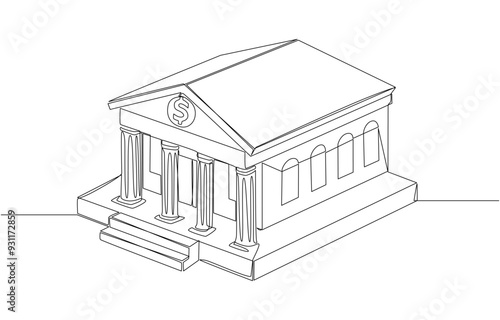 Continuous one line drawing of bank building, bank building architecture concept, single line art.