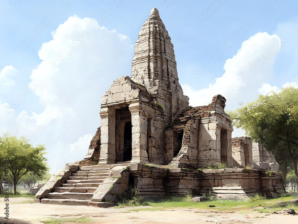 Ancient stone temple ruins with tall spire, weathered and overgrown with vegetation. Ancient stone temple ruins with tall spire, weathered and overgrown with vegetation.