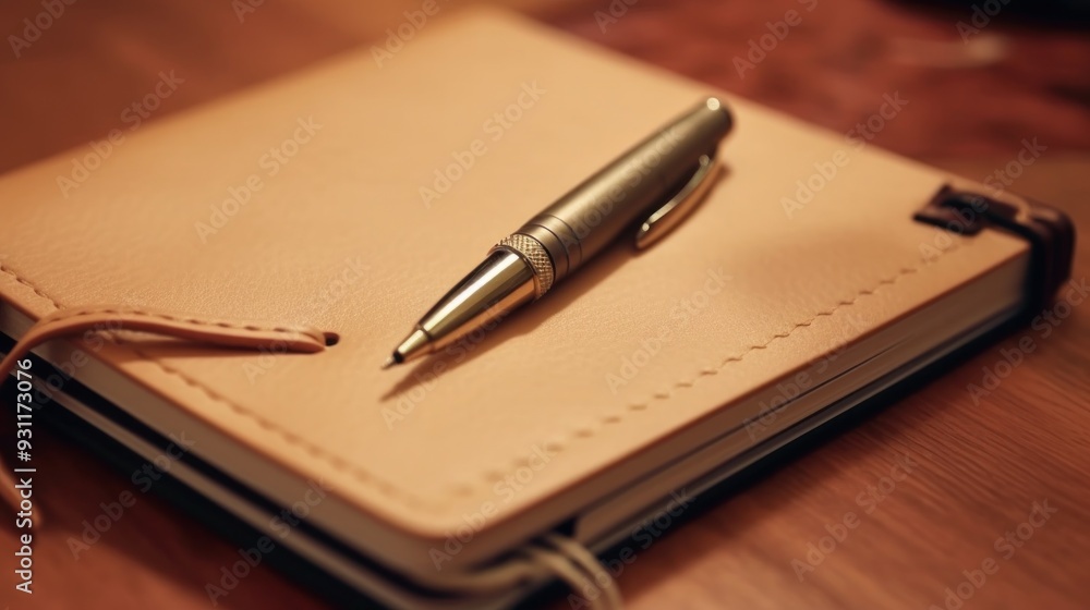 A Silver Pen Resting on a Brown Leather Notebook A Silver Pen Resting on a Brown Leather Notebook