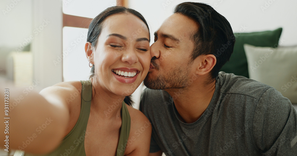 Selfie, happy and couple on sofa kiss for bonding, relationship and relax together in home. Dating, new house and face of man and woman take photo for profile picture, social media and online post