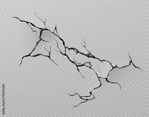 Broken concrete wall or cracked ground texture effect on transparent background. Fissure split hole in drought distressed surface. Realistic 3d vector destruction fracture in cement or paint floor.
