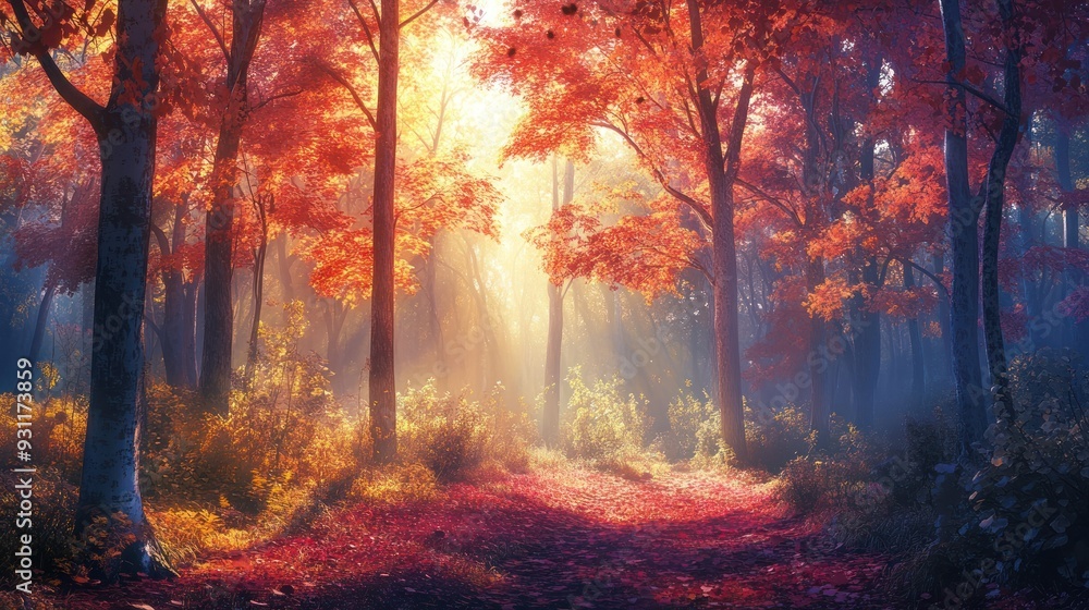 Sunbeams Through Autumn Forest Path Sunbeams Through Autumn Forest Path