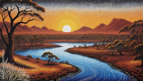 Australian Aboriginal dot painting style art landscape with river
