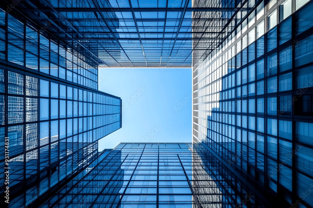 Looking Up modern high-rise office buildings with blue sky in the background. Generative ai Looking Up modern high-rise office buildings with blue sky in the background. Generative ai