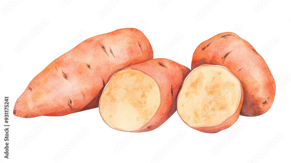 watercolor illustration of Freshly harvested sweet potatoes, isolated on a white background.