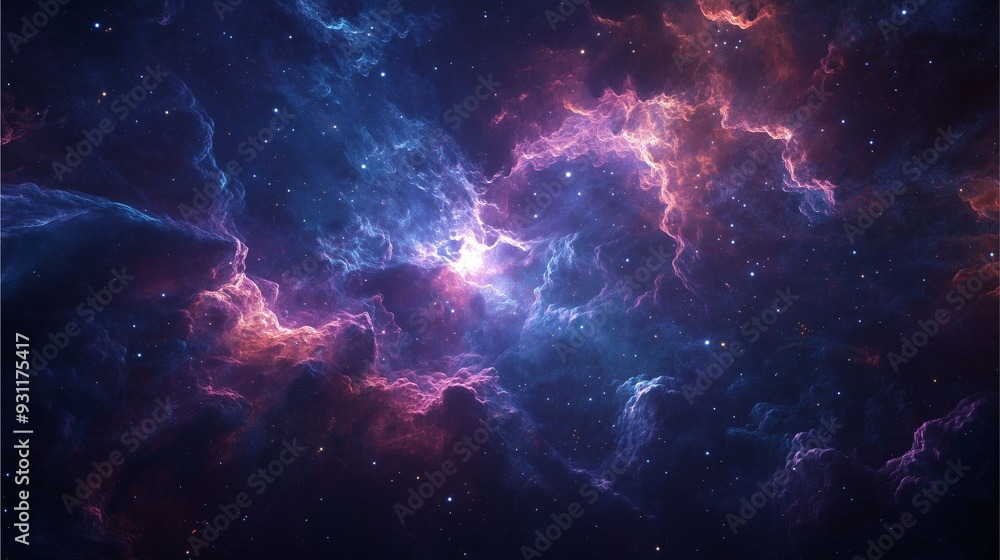 Fototapeta premium Vibrant interstellar nebula with glowing pink and blue clouds in deep space.