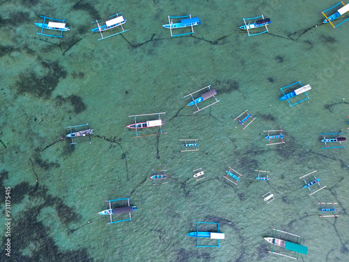 Aerial top view of  boats in Mertasari Beach, Bali, Indonesia photo